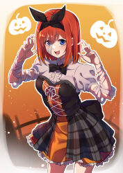  1girl :d bandaged_arm bandages black_bow black_bowtie black_hairband black_ribbon black_skirt blue_eyes bow bow_hairband bowtie claw_pose collared_shirt commentary_request cowboy_shot cross-laced_clothes dress_shirt fang go-toubun_no_hanayome hair_between_eyes hair_bow hair_ribbon hairband halloween halloween_costume highres kagari_liroi looking_at_viewer medium_hair miniskirt nakano_yotsuba open_mouth orange_hair orange_skirt plaid_clothes plaid_skirt ribbon shirt short_hair short_sleeves skirt smile solo standing straight_hair white_shirt wing_collar 