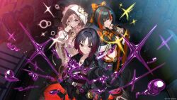  3girls amayui_moka amayui_moka_(1st_costume) bandaged_arm bandages belt black_gloves black_hair black_jacket black_pants black_shirt black_skirt blue_flower borumete bow bowtie braid choya_hanabi choya_hanabi_(1st_costume) collared_shirt commentary copyright_name copyright_notice crop_top ear_piercing earrings fingerless_gloves flower gloves gradient_hair graffiti hair_bow hair_flower hair_ornament highres hood hood_up jacket jacket_on_shoulders jewelry kisaragi_ren_(3rd_costume)_(vspo!) kisaragi_ren_(vspo!) long_hair long_sleeves looking_at_viewer midriff multicolored_hair multiple_girls navel necklace official_art orange_belt orange_bow orange_bowtie orange_streaks pants piercing pink_bow pink_bowtie pink_eyes pink_hair purple_vest red_eyes ring shirt short_hair skirt smile streaked_hair suit suit_jacket tassel twin_braids very_long_hair vest virtual_youtuber vspo! xross_stars yellow_eyes 