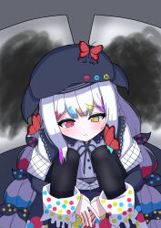  1girl absurdres aoiro7216 beret black_hat black_jacket black_pantyhose bow bug butterfly butterfly_on_head closed_mouth collared_shirt colored_tips contrast_collar hair_bow hat heterochromia highres hugging_own_legs jacket jacket_partially_removed jogasaki_noah long_hair long_sleeves mahou_shoujo_no_majo_saiban multi-tied_hair multicolored_eyes multicolored_hair neck_ribbon off_shoulder pantyhose polka_dot polka_dot_bow polka_dot_skirt red_butterfly red_eyes ribbon shirt skirt solo streaked_hair tearing_up white_hair white_shirt yellow_eyes 