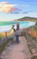  2girls absurdres black_hair black_shirt blue_pants blue_sky chang_chin-lan clouds commentary darkonyx09 day dress english_commentary grey_jacket gujyo_kanade hat highres jacket kamiina_botan_yoeru_sugata_wa_yuri_no_hana locked_arms long_hair mountain multiple_girls ocean outdoors painterly pants pinafore_dress purple_hair purple_hat shirt shore short_hair sky sleeveless sleeveless_dress walking white_dress yuri 