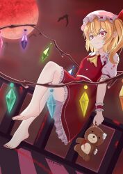  1girl ascot barefoot blonde_hair blood blood_on_clothes chinese_commentary closed_mouth collared_shirt commentary_request crystal crystal_wings fang fang_out flandre_scarlet frilled_shirt_collar frilled_skirt frilled_wrist_cuffs frills full_body full_moon hat hat_ribbon highres holding holding_stuffed_toy looking_at_viewer mob_cap moon multicolored_wings nail_polish night on_railing one_side_up pointy_ears puffy_short_sleeves puffy_sleeves railing red_eyes red_moon red_nails red_skirt red_sky red_vest red_wrist_cuffs ribbon shirt short_sleeves sitting skirt skirt_set sky smile solo stuffed_animal stuffed_toy stuffing teddy_bear toenail_polish toenails toes touhou user_grkn3757 vest white_hat white_shirt wings wrist_cuffs yellow_ascot 