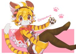  1girl :3 ahoge animal_ears bare_shoulders blonde_hair blush_stickers bow bowtie brown_hairband brown_thighhighs closed_mouth commentary_request cropped_shirt double-parted_bangs fur-trimmed_shorts fur_trim furry furry_female hair_between_eyes hairband highres looking_at_viewer original paw_print plaid_clothes plaid_shirt plaid_shorts po!_(popoemo) red_bow red_bowtie red_eyes red_shirt red_shorts shirt short_hair short_shorts shorts smile solo strapless strapless_shirt suspenders tail thigh-highs tiger_ears tiger_girl tiger_stripes tiger_tail twitter_username yellow_fur 