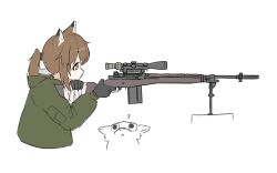  1girl ? aiming animal_ears battle_rifle bipod black_gloves borrowed_character brown_eyes brown_hair cropped_torso finger_on_trigger fox fox_ears fox_girl fox_girl_(yihan_world) from_side gloves green_jacket gun highres holding holding_gun holding_weapon hood hood_down hooded_jacket jacket littleboy_(littleboy016) long_hair looking_through_scope m21 original ponytail profile rifle scope sniper_rifle solo weapon 
