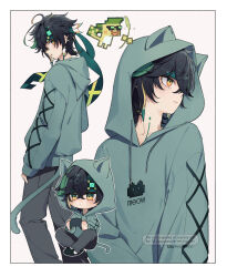  1boy aisumikannn3 ajaw_(genshin_impact) alternate_costume animal_hood black_hair black_pants cat_hood chibi closed_mouth commentary_request earrings genshin_impact green_eyes green_hair green_headband green_hoodie headband highres hood hood_up hoodie jewelry kinich_(genshin_impact) multicolored_hair multiple_views neck_tattoo pants short_hair streaked_hair tattoo 