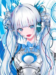  1girl absurdres amputee android blue_bow blue_bowtie blue_eyes blue_streaks bow bowtie cable_hair cable_tie eyelashes head_tilt highres hinata_(xg) lips long_hair looking_at_viewer mechanical_arms multicolored_eyes multicolored_hair nikoru333 red_streaks solo streaked_hair twintails white_hair xg_(group) 