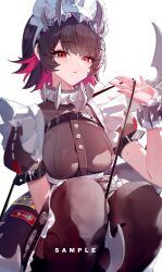  1girl absurdres black_hair black_pantyhose blush breasts chongchongbao_mushi closed_mouth colored_inner_hair commentary_request ellen_joe fins fish_tail hair_ornament hairband highres large_breasts looking_at_viewer maid maid_headdress metal_hairband mole mole_on_arm multicolored_hair pantyhose razor_blade_hair_ornament red_eyes red_hair red_nails sample_watermark shark_girl shark_tail short_hair simple_background solo spiked_headband squatting tail two-tone_hair watermark white_background zenless_zone_zero 