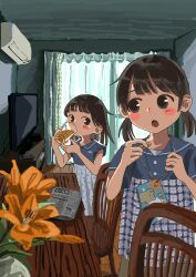 2girls :o absurdres black_eyes black_hair blue_shirt blush blush_stickers brown_eyes brown_hair chair commentary_request cup curtains drinking flower highres holding holding_cup indoors medium_hair mug multiple_girls nyachi_piyo open_mouth orange_flower original shirt short_hair short_sleeves short_twintails sitting table television twintails window 