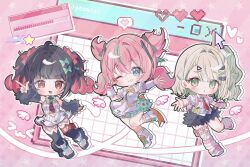  3girls angels_of_delusion aqua_hair aqua_streaks aria_(human)_(zenless_zone_zero) aria_(zenless_zone_zero) arm_warmers bag black_hair black_skirt blue_eyes blush bow chibi chibi_only closed_mouth colored_inner_hair commentary_request dress fur-trimmed_sleeves fur_trim geumxxi green_bow green_eyes green_skirt hair_bow hair_ornament hairclip heart heart_hair_ornament highres holding korean_commentary leg_warmers multicolored_hair multiple_girls multiple_hair_bows multiple_hairclips nangong_yu necktie one_eye_closed open_mouth pink_arm_warmers pink_bag pink_hair pink_leg_warmers quad_tails red_necktie shirt skirt star-shaped_pupils star_(symbol) streaked_hair striped_arm_warmers striped_leg_warmers sunna_(zenless_zone_zero) symbol-shaped_pupils v white_dress white_shirt white_wings wings zenless_zone_zero 