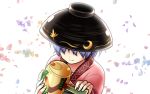  1girl bowl hat japanese_clothes kimono mallet petals purple_hair satou_yuuki short_hair smile solo sukuna_shinmyoumaru touhou 