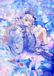  1girl :q ;q bandaid bandaid_on_knee bandaid_on_leg blue_bow blue_bowtie blue_eyes blue_hair blue_hat blue_sailor_collar blue_shoes blue_skirt bow bowtie buttons candy commentary_request english_commentary engrish_commentary food frilled_jacket frilled_sleeves frills gauze gauze_on_leg grey_hair hair_bow hair_ornament hairclip hat hat_bow highres holding holding_candy holding_food holding_lollipop ice_cream ice_cream_float indie_virtual_youtuber jacket jamu_(yakinikuoi4) lollipop long_sleeves mixed-language_commentary multicolored_hair one_eye_closed open_clothes open_jacket penguin_hair_ornament petticoat pink_bow pink_hair plaid_bow plaid_hat platform_shoes puffy_long_sleeves puffy_sleeves sailor_collar sango_(35sangosan)_(vtuber) second-party_source shirt shoes sitting skirt smile socks solo star_(symbol) tongue tongue_out twintails white_shirt white_socks wing_hair_ornament yellow_bow 