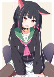  1boy 1girl animal_ears black_choker black_hair black_hoodie black_pants blue_archive border cat_ears choker collarbone halo highres hood hood_down hoodie kazusa_(blue_archive) long_sleeves mizuki_(kogetsu-tei) multicolored_hair open_mouth pants pink_hair pink_halo pink_streaks pov sailor_collar sensei_(blue_archive) shirt short_hair sidelocks skirt straddling streaked_hair white_border white_shirt white_skirt 