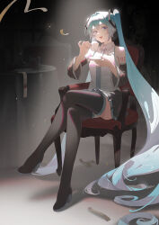  1girl absurdly_long_hair absurdres aqua_hair aqua_necktie bare_shoulders black_sleeves blue_eyes boots chair commentary_request crossed_legs cup dark_background detached_sleeves grey_shirt hair_ornament hatsune_miku high_heel_boots high_heels highres holding holding_cup holding_saucer long_hair looking_at_viewer necktie number_tattoo on_chair open_mouth partial_commentary saucer shirt sitting skirt sleeveless sleeveless_shirt solo spotlight streamers tattoo teacup thigh_boots twintails user_hdxp2444 very_long_hair vocaloid 