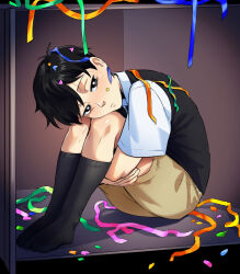  1boy absurdres alt_text antenna_hair black_eyes black_hair black_socks black_sweater_vest bright_pupils brown_shorts closed_mouth collared_shirt commentary confetti english_commentary expressionless highres hugging_own_legs knees_up looking_at_viewer male_focus omori ryuichirouart shirt short_hair short_sleeves shorts sitting socks solo streamers sunny_(omori) sweater_vest white_pupils white_shirt 
