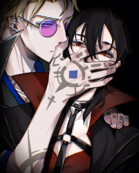  1boy 1girl black_hair blonde_hair blue_eyes choker collar demoncursed_vayne desagreablelol ear_piercing earrings glasses hand_on_another's_face hand_on_another's_shoulder highres jewelry league_of_legends locke_(league) piercing purple-tinted_eyewear red_eyes round_eyewear shirt signature simple_background tattoo tinted_eyewear vayne_(league) wolf_cut 