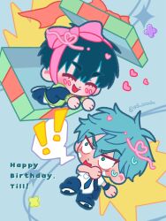  ! !! 2boys alien_stage aqua_hair birthday black_hair black_jacket black_pants box chibi chibi_only closed_eyes commentary english_commentary english_text fang gift gift_box green_eyes green_sweater happy_birthday heart highres in_box in_container ivan_(alien_stage) jacket male_focus multiple_boys necktie official_alternate_costume open_mouth pants school_uniform shirt short_hair surprised sweater till_(alien_stage) twitter_username val_namie very_short_hair white_shirt 
