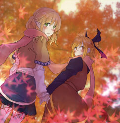  2girls black_shirt black_skirt blonde_hair bow brown_dress brown_shirt chikuwa_coffee_(milk_soda) closed_mouth commentary_request cowboy_shot dress from_behind green_eyes hair_bow hair_bun highres holding_hands kurodani_yamame leaf long_dress long_sleeves looking_at_viewer looking_back maple_leaf mizuhashi_parsee multiple_girls pinafore_dress pink_scarf pointy_ears purple_bow sash scarf shared_clothes shared_scarf shirt short_hair short_sleeves single_hair_bun skirt sleeveless sleeveless_dress touhou white_sash yellow_eyes 
