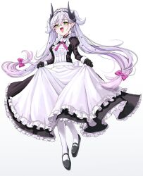  1girl apron black_shoes blush bow commentary_request curtsey demon_horns earrings fate/grand_order fate_(series) green_eyes hair_bow highres holding_own_dress horns jewelry lilith_(fate) long_hair looking_at_viewer maid maid_apron maid_headdress notonaon pantyhose shoes solo symbol-shaped_pupils twintails very_long_hair white_hair white_pantyhose 
