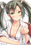  1girl blush breasts bust cleavage feesu_(rinc7600) green_eyes green_hair hair_ribbon highres holding japanese_clothes kantai_collection looking_at_viewer ribbon simple_background sketch solo twintails twitter_username white_background zuikaku_(kantai_collection) 