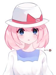  1girl blue_eyes blush commentary_request hair_between_eyes hat looking_at_viewer medium_hair mole mole_under_eye open_mouth pink_hair poke_ball poke_ball_(basic) pokemon pokemon_black_2_and_white_2 qhzzx shirt solo twitter_username upper_body white_background white_hat white_shirt yancy_(pokemon) 