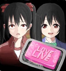  2girls :d bad_drawr_id bad_id bar_soap black_hair blue_jacket bow bowtie diagonal-striped_bow diagonal-striped_bowtie diagonal-striped_clothes dual_persona fight_club green_bow green_bowtie gym_uniform jacket long_hair looking_at_viewer love_live! love_live!_school_idol_project multiple_girls open_mouth parody red_eyes red_jacket school_uniform smile soap_bubbles striped_bow striped_bowtie striped_clothes sukeroku_(treeee) twintails upper_body yazawa_nico 