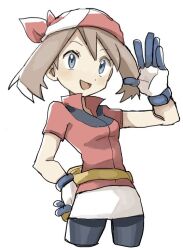  1girl bandana bike_shorts bike_shorts_under_shorts blue_eyes brown_hair commentary_request fanny_pack hand_on_own_hip hand_up magainu may_(pokemon) medium_hair open_mouth pokemon pokemon_ruby/sapphire/emerald red_bandana red_shirt shirt shorts simple_background smile solo white_background 