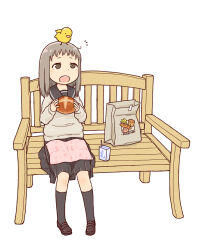  1girl animal_on_head baby_animal bag bench bird bird_on_head black_sailor_collar black_socks bread brown_eyes brown_shoes chick commentary_request diode_(0_division) drink_carton food full_body grey_hair grey_sweater highres holding holding_food juice_box kneehighs loafers long_sleeves medium_hair notice_lines on_bench on_head open_mouth original sailor_collar school_uniform serafuku shoes simple_background sitting socks solo sweater white_background 