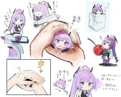  1girl 1other :d black_sweater blue_archive cherry chibi floating_headgear food fruit hakochi_yuu halo headgear holding holding_food holding_fruit holding_mini_person holding_wrench lab_coat long_hair mini_person mini_person_in_pocket minigirl multiple_views pocket purple_hair purple_halo sentry simple_background smile sweater thundergun_(blue_archive) translation_request utaha_(blue_archive) white_background wrench 