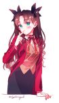  1girl blue_eyes blush brown_hair byulrorqual fate/stay_night fate_(series) finger_to_mouth hair_ribbon jacket red_jacket ribbon school_uniform toosaka_rin two_side_up 