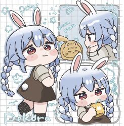  1girl animal animal_ear_fluff animal_ears black_socks blue_hair blush_stickers braid brown_dress cat character_name chibi closed_mouth commentary_request cup dress grey_shirt grid_background highres holding holding_cup hololive long_sleeves mochimiko mug multicolored_hair multiple_views no_shoes puffy_short_sleeves puffy_sleeves rabbit-shaped_pupils rabbit_ears rabbit_girl rabbit_tail red_eyes romaji_text shirt short_sleeves sleeveless sleeveless_dress socks symbol-shaped_pupils tail translation_request twin_braids twintails two-tone_hair usada_pekora virtual_youtuber white_background white_hair 