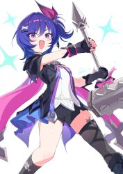  1girl asymmetrical_legwear black_gloves black_shorts bone_hair_ornament cape capelet commentary_request fang fingerless_gloves genshin_impact gloves grey_socks grey_thighhighs hair_between_eyes hair_ornament hairclip hammer highres holding holding_hammer holding_weapon kamuraaa_615 looking_at_viewer medium_hair open_mouth prune_(genshin_impact) purple_hair screw_hair_ornament shorts sleeveless socks solo standing thigh-highs uneven_legwear violet_eyes weapon white_background wristband 