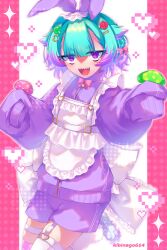  1girl absurdres animal_ears apron aqua_hair blush bow breasts fake_animal_ears fate/grand_order fate_(series) hair_ornament hairclip heart highres jacket kibinago_(kibinago614) locusta_(fate) long_sleeves looking_at_viewer multicolored_hair mushroom open_mouth pink_thighhighs pointy_ears purple_hair purple_jacket purple_shorts rabbit_ears sharp_teeth short_hair shorts sleeves_past_fingers sleeves_past_wrists small_breasts smile solo teeth thigh-highs two-tone_hair violet_eyes white_apron white_thighhighs 