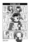  3girls 4koma :d akagi_(kantai_collection) chopsticks comic hat holding kaga_(kantai_collection) kantai_collection little_girl_admiral_(kantai_collection) long_hair military military_uniform mizuki_maya monochrome multiple_girls muneate naval_uniform open_mouth peaked_cap rice_bowl smile translation_request twintails uniform 