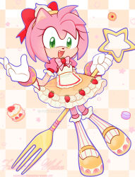 1girl amy_rose amy_rose_(dulce) animal_nose bow checkered_background dessert donut_bracelet doughnut fang food food-themed_clothes fork fruit furry furry_female fuwawmelon gloves green_eyes hair_bow hedgehog_girl highres holding holding_fork icing_trim lolita_fashion official_alternate_costume pink_fur red_bow socks solo sonic_(series) sonic_the_hedgehog strawberry strawberry_ornament striped_clothes striped_socks sweet_lolita sweets vertical-striped_clothes vertical-striped_socks whipped_cream white_gloves