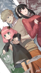  1boy 2girls adoptive_parent_and_adoptive_child ahoge anya_(spy_x_family) armpit_carry black_dress black_hair blonde_hair breasts brown_sweater child commentary dated dress dutch_angle earrings green_eyes hairband hairpods highres jewelry large_breasts medium_hair multiple_girls nao_(syn_eaa) off-shoulder_sweater off_shoulder orange_pants paneled_background pants parent_and_child pink_hair red_eyes shirt shirt_under_sweater short_hair sidelocks signature spy_x_family sweater sweater_dress twilight_(spy_x_family) updo wanted_poster white_hairband white_shirt yor_briar 