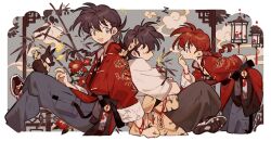  1girl 2boys :d animal_on_leg animal_print animalization bamboo bandana blue_eyes braid brown_hair brown_pants character_and_genderswap chinese_clothes closed_eyes dragon_print grey_pants hibiki_ryouga highres leaning_forward multiple_boys p-chan_(ranma_1/2) pants person_and_animalization phoenix_print ranma_1/2 red_hair saotome_ranma saotome_ranma_(female) saotome_ranma_(male) short_hair single_braid siyer smile tiger_print yellow_bandana 