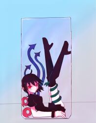  1girl ahoge asymmetrical_wings black_boots black_dress black_hair blue_background blue_wings boots closed_mouth commentary_request dress expressionless full_body gradient_background grey_background high_heel_boots high_heels highres houjuu_nue legs_up looking_at_viewer pointy_ears red_eyes red_wings short_dress short_hair short_sleeves sitting snake solo t_ghoul_t thigh_boots touhou wings 