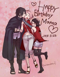  1boy 2girls armor black_armor black_boots black_cloak black_gloves black_hair black_shoes black_thighhighs boots boruto:_naruto_next_generations boruto_(series) brown_sandals capri_pants cloak closed_eyes commentary_request dated facial_mark family father_and_child father_and_daughter fingerless_gloves forehead_mark glasses gloves green_eyes grey_pants grey_shorts grin hairband hand_grab happy_birthday haruno_sakura hug husband_and_wife midriff_peek mother_and_child mother_and_daughter multiple_girls naruto_(series) navel okamine_yuiko open-toe_boots open-toe_shoes open_mouth pants parent_and_child pink_hair red-framed_eyewear red_hairband sandals shoes short_hair short_shorts shorts smile standing standing_on_one_leg thigh-highs twitter_username uchiha_sarada uchiha_sasuke 