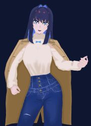  blue_eyes blue_hair brown_coat coat guitar hand_on_own_arm highres holding holding_guitar holding_instrument instrument long_hair miki_3000 ouro_kronii ouro_kronii_(casual) raised_inner_eyebrows 