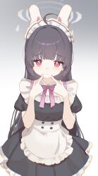  1girl absurdres ahoge alternate_costume animal_ears apron black_dress black_hair blue_archive bright_pupils chinese_commentary closed_mouth commentary_request dress enmaided fake_animal_ears fingers_to_cheeks fingersmile frilled_apron frills gradient_background grey_halo halo hands_up highres index_fingers_raised long_hair looking_at_viewer maid maid_headdress miyu_(blue_archive) nyarnya puffy_short_sleeves puffy_sleeves rabbit_ears raised_inner_eyebrows red_eyes short_sleeves solo split_mouth waist_apron white_apron white_pupils 