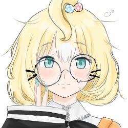  1girl ahoge aqua_eyes aqua_nails beads blonde_hair blush crazybertsu glasses hair_beads hair_between_eyes hair_ornament light_smile medium_hair millie_parfait millie_parfait_(1st_costume) nijisanji nijisanji_en portrait simple_background solo teardrop-framed_glasses virtual_youtuber white_background 