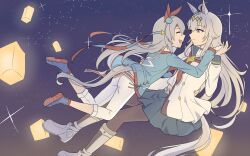  2girls ahoge animal_ears black_pantyhose blue_eyes blue_hairband blue_jacket blue_sailor_collar blue_skirt boots brooch closed_mouth ear_covers ear_ornament fingerless_gloves gloves grey_hair grey_tail hair_between_eyes hairband headband highres horse_ears horse_girl horse_tail jacket jewelry lightning_bolt_symbol long_hair long_sleeves looking_at_viewer multicolored_hair multicolored_hairband multiple_girls neckerchief oguri_cap_(starlight_beat)_(umamusume) oguri_cap_(umamusume) open_mouth pants pantyhose pleated_skirt red_headband red_neckerchief sailor_collar shirt skirt smile star_brooch striped_clothes striped_hairband tail tamamo_cross_(fast_as_lightning)_(umamusume) tamamo_cross_(umamusume) two-tone_hairband umamusume very_long_hair white_boots white_jacket white_pants white_shirt zaijian_(xxx1148297) 