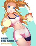  1girl bike_shorts blue_eyes breasts character_name copyright_name gundam gundam_build_fighters gundam_build_fighters_try hoshino_fumina jacket looking_at_viewer midriff navel orange_hair ponytail short_hair solo sports_bra tacta 