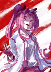  1girl animal_ears bow breasts buruma collarbone ear_bow ear_covers fingerless_gloves flower-shaped_pupils flower_in_eye gloves haru_urara_(bestest_prize)_(umamusume) haru_urara_(umamusume) headband highres horse_ears horse_girl inishie_kumo jacket long_hair open_mouth pink_buruma pink_hair pink_headband ponytail red_buruma red_gloves red_headband shirt small_breasts smile solo symbol-shaped_pupils symbol_in_eye teeth umamusume white_jacket white_shirt 