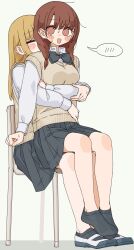  2girls blonde_hair blush bow bowtie brown_eyes brown_hair brown_sweater_vest chair closed_eyes commentary_request full_body grey_bow grey_bowtie grey_skirt highres hug hug_from_behind kopaka_(karda_nui) long_hair long_sleeves looking_at_viewer miniskirt multiple_girls no_shoes on_chair open_mouth original pleated_skirt school_chair shirt shoes sitting sitting_on_lap sitting_on_person skirt socks speech_bubble spoken_blush sweat sweater_vest uwabaki white_shirt yuri 