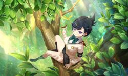  1girl absurdres aizen_(senran_kagura) animal_on_hand bird bird_on_hand black_hair black_skirt black_socks bow bowtie branch breasts cardigan closed_mouth dappled_sunlight folded_ponytail forest from_above grass green_bow green_bowtie hair_ornament hairclip highres in_tree kiritsu_tenshou_academy_school_uniform large_breasts leaf looking_at_viewer looking_up nature official_art outdoors plaid_clothes plaid_skirt school_uniform senran_kagura senran_kagura_project_n shirt short_hair sitting sitting_in_tree sitting_on_branch skirt socks solo sparrow sunlight tree violet_eyes white_cardigan white_shirt 