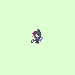  1girl absurdres ahoge asymmetrical_wings black_dress black_hair black_thighhighs blue_wings bow bowtie commentary_request cooking_(cooking72947581) dress full_body green_background highres holding holding_polearm holding_weapon houjuu_nue pixel_art polearm red_bow red_bowtie red_eyes red_wings simple_background solo thigh-highs touhou trident weapon wings 