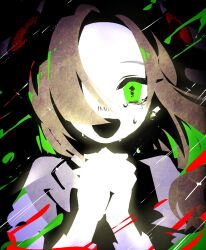  1girl black_background black_mouth blood blood_splatter brown_hair colored_blood colored_skin commentary curtained_hair glowing green_blood green_eyes honogurashi_no_niwa long_sidelocks looking_at_viewer one_eye_covered own_hands_together rbb_duck sazanka_(honogurashi) sidelocks smile solo squiggle_eyes tsurime upper_body white_skin 