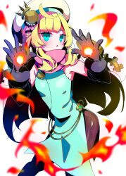  1girl absurdres alchemist_(sekaiju) alchemist_5_(sekaiju) aqua_dress aqua_eyes black_pantyhose blonde_hair commentary_request dress fire gauntlets hat highres long_hair pantyhose pink_scarf pyrokinesis rikyuu_(user_stsx8253) scarf sekaiju_no_meikyuu sekaiju_no_meikyuu_1 sekaiju_no_meikyuu_hd solo 