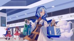  >_< 1boy 3girls absurdres ascot bag blue_dress blue_hair blue_hat blue_hood boots bow braid brown_boots brown_hair buddhist_nun chinese_commentary commentary_request commission constellation_print contemporary cross cross_print cup detached_sleeves disposable_cup dress frilled_dress frilled_hair_tubes frills grey_hair hair_bow hair_tubes hakurei_reimu hat high_heel_boots high_heels highres holding holding_bag holding_cup hood kesa kumoi_ichirin long_hair long_sleeves mechrailgun medium_hair multiple_girls nurse_cap print_dress print_hat red_bow red_cross red_dress red_eyes red_shoes red_skirt ribbon-trimmed_sleeves ribbon_trim second-party_source shoes shopping_bag single_braid skirt skirt_set touhou train_station two-tone_dress unzan very_long_hair white_dress wide_sleeves yagokoro_eirin yellow_ascot 