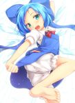  1girl :d aqua_eyes barefoot bloomers blue_hair blue_skirt bow cirno fang feet gennsuikyou hair_bow highres looking_at_viewer open_mouth short_hair skirt smile solo touhou underwear 